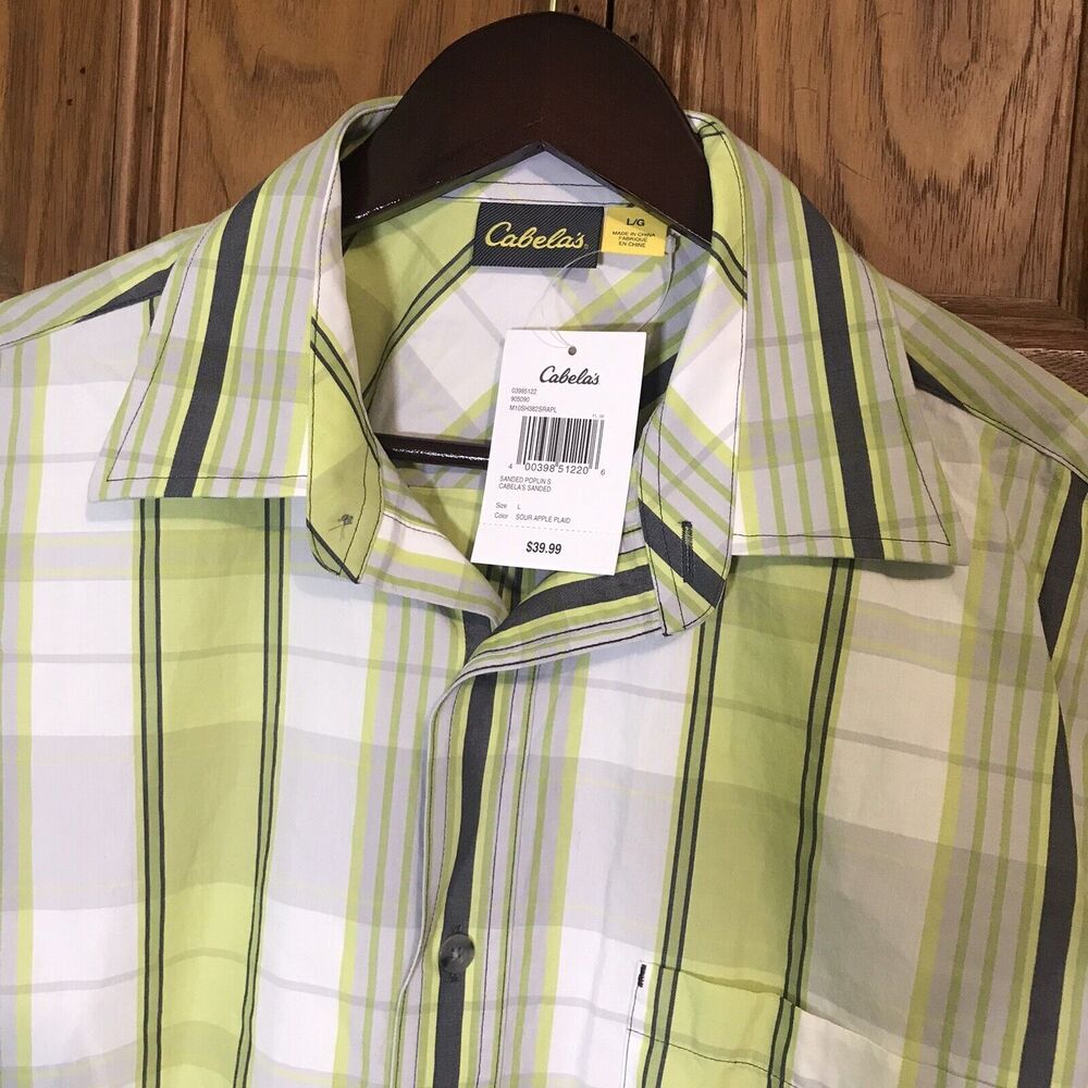 Cabela’s Sanded Poplin Short Sleeve Button Up Shirt Large Lime White Button Up
